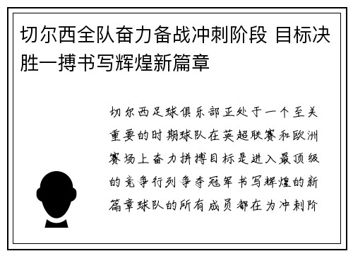 切尔西全队奋力备战冲刺阶段 目标决胜一搏书写辉煌新篇章