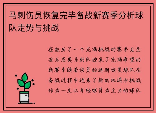 马刺伤员恢复完毕备战新赛季分析球队走势与挑战