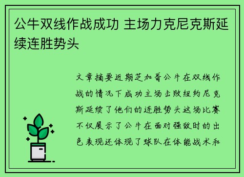 公牛双线作战成功 主场力克尼克斯延续连胜势头