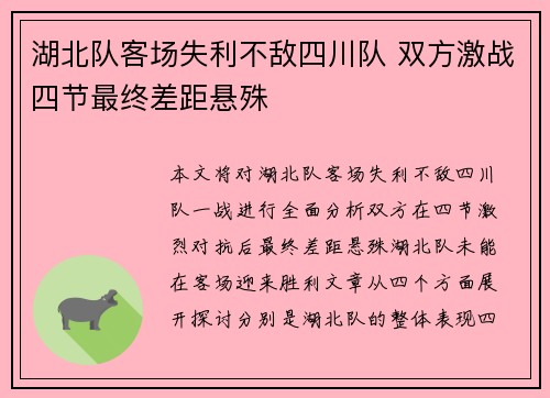 湖北队客场失利不敌四川队 双方激战四节最终差距悬殊