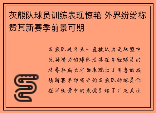 灰熊队球员训练表现惊艳 外界纷纷称赞其新赛季前景可期