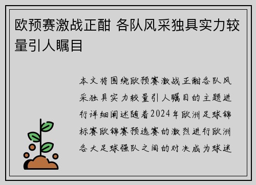 欧预赛激战正酣 各队风采独具实力较量引人瞩目