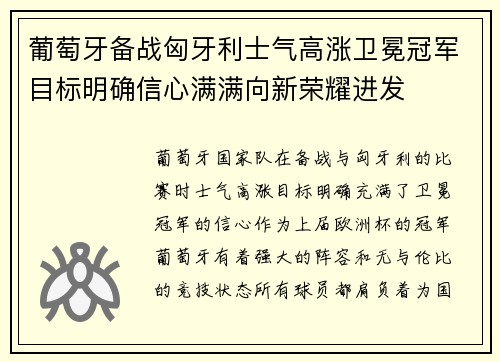 葡萄牙备战匈牙利士气高涨卫冕冠军目标明确信心满满向新荣耀进发