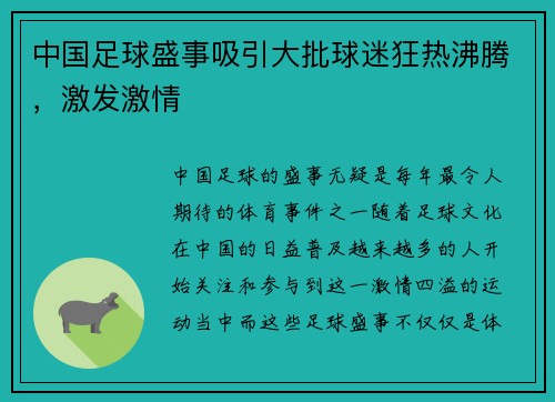 中国足球盛事吸引大批球迷狂热沸腾，激发激情