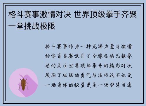格斗赛事激情对决 世界顶级拳手齐聚一堂挑战极限